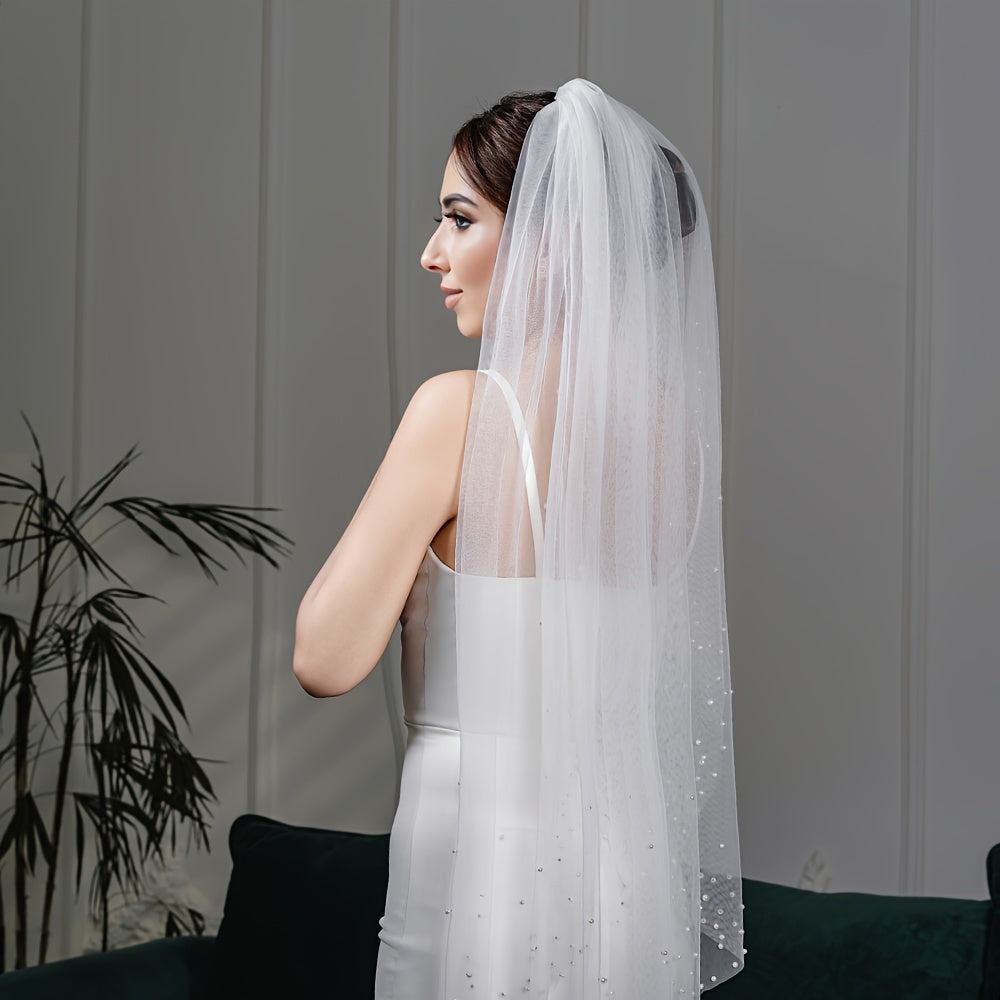 Bridal Veil with Imitation Pearls and Comb Nylon Wedding Accessory