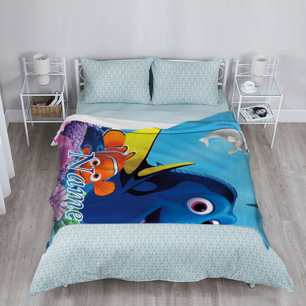 Personalized Finding Nemo Flannel Blanket Soft Cozy Throw with Dory and Marlin Custom Name for Bed Sofa Camping Car Rides Movie Nights
