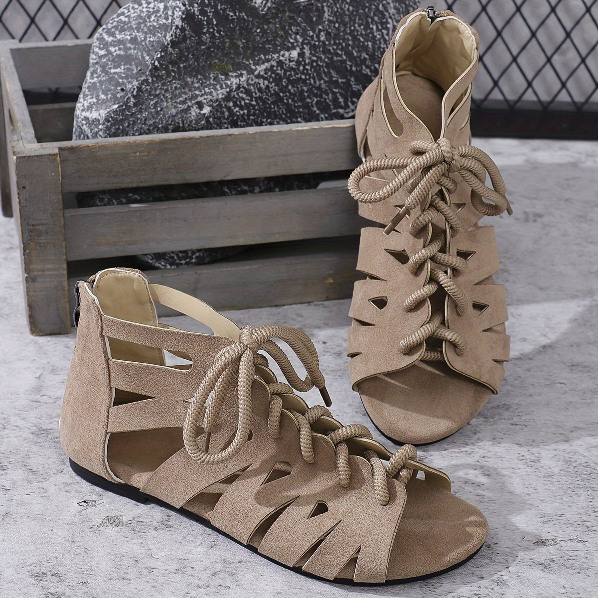 Women's Gladiator Sandals Open Toe Flat Heel Lace-Up Fabric Shoes