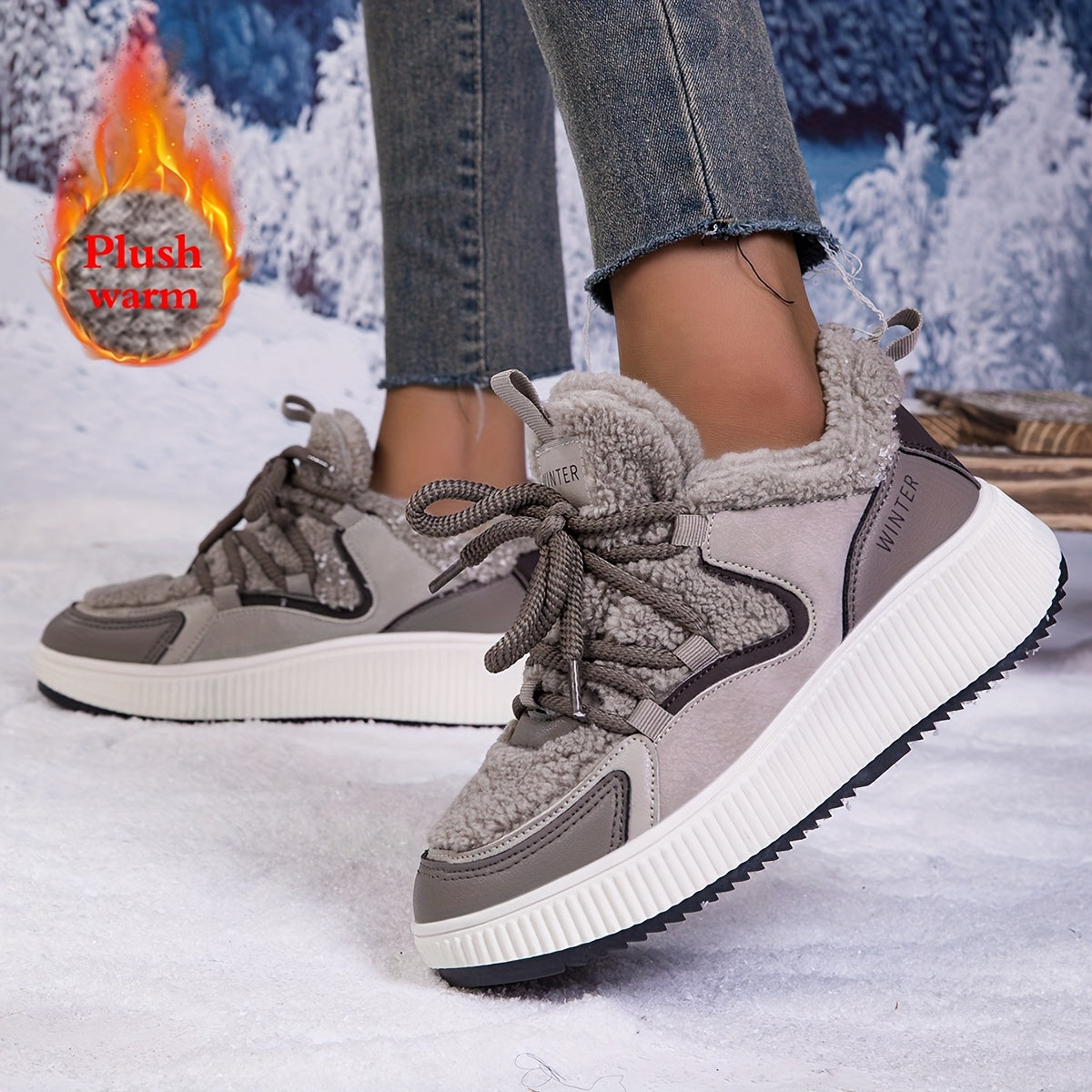 Women's Winter Sports Shoes Fleece-Lined Thick-Soled Sneakers
