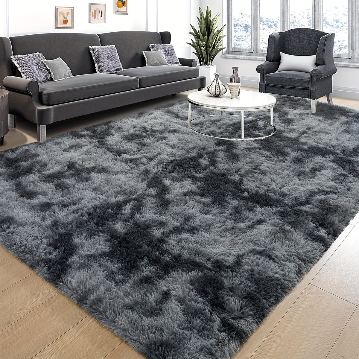Dark Grey Tie-Dye Plush Area Mat Ultra-Soft Thick Sponge Padding for Living Room Bedroom