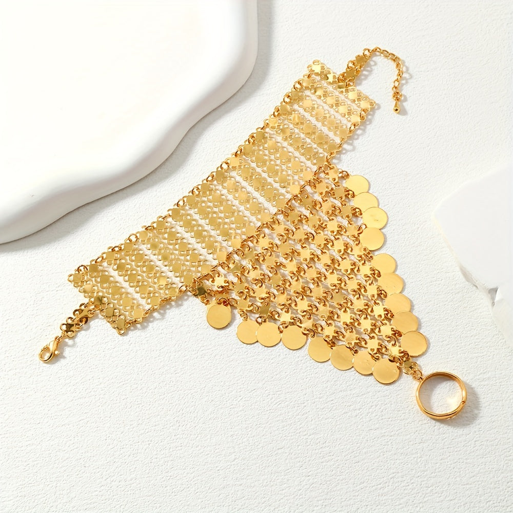 Gold Plated Boho Hand Chain Bracelet with Coin Tassel for Belly Dancing and Bollywood Style