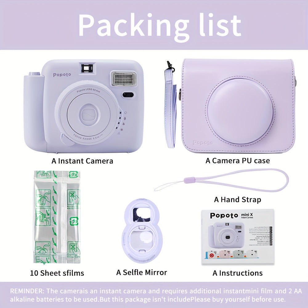 Purple Instant Camera Bundle Includes Mini11/12 with 10 Film Sheets PU Case Strap Selfie Lens ND Filter