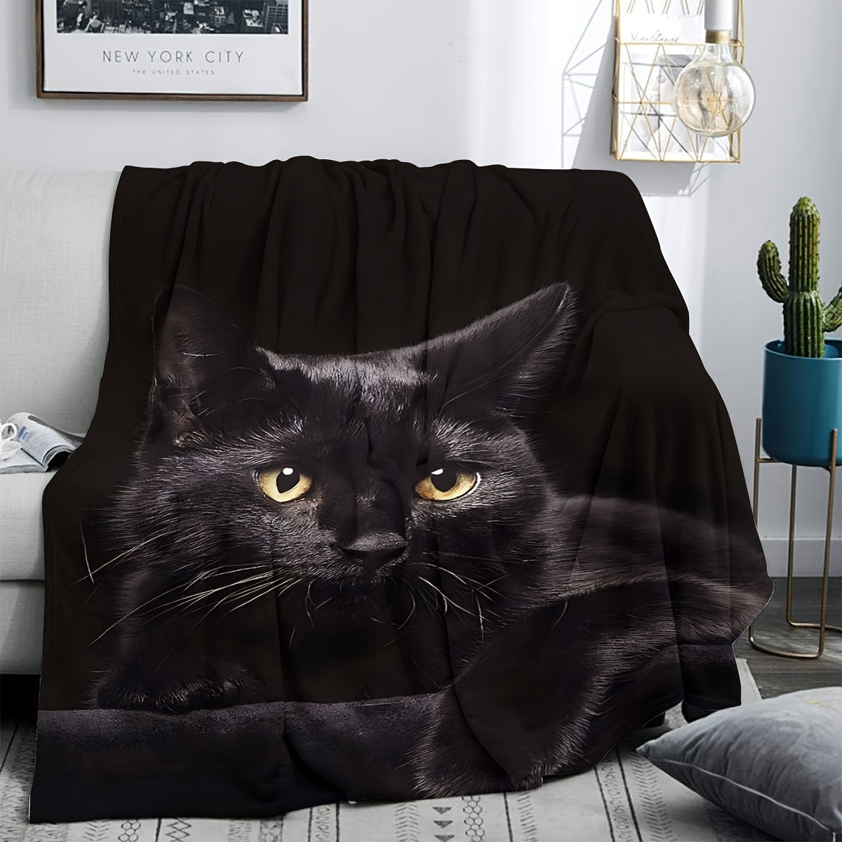 Black Cat Pattern Blanket Soft Cozy Throw for Sofa Bed Camping and Home Decor