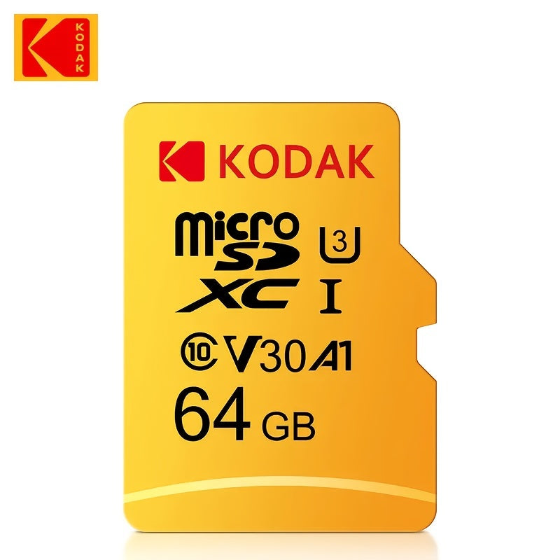 KODAK MicroSDXC xotira kartasi yuqori tezlikda 4K video yozish uchun, 64GB/128GB/32GB o'lchamlarida mavjud. Ultra ishlash, batareya talab qilinmaydi.