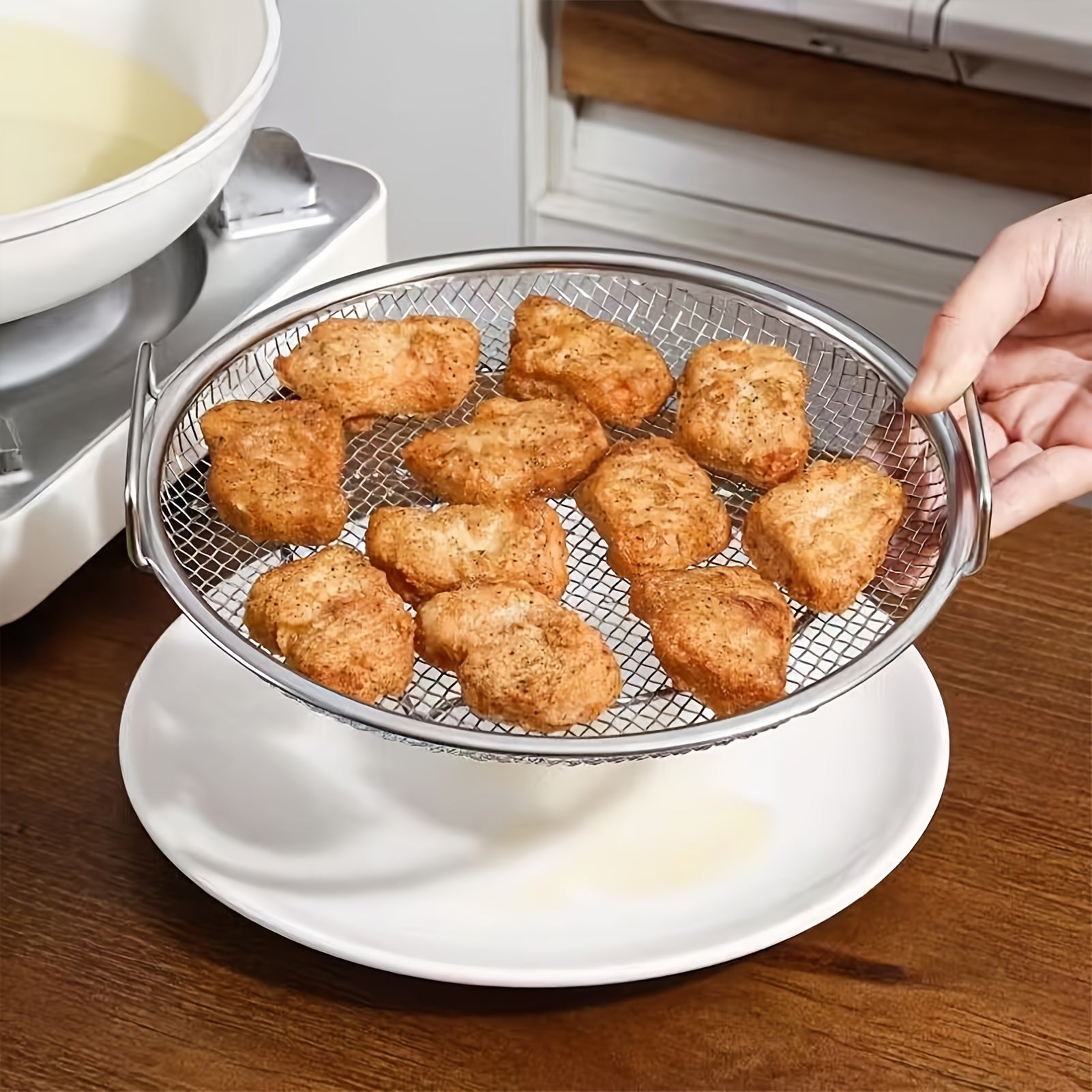 Stainless Steel Food Strainer with Handles for Oil Draining and Cooking