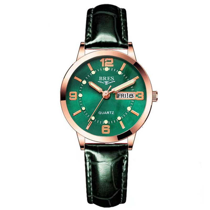Women's Quartz Watch Leather Strap Dual Calendar Luminous Week Function