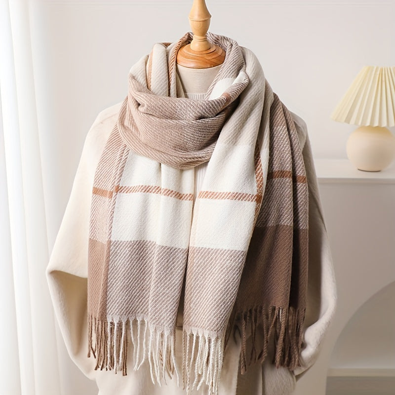 Qishki shalv ayollar uchun faux kaşmirli plaid, tasselled, vintage uslub