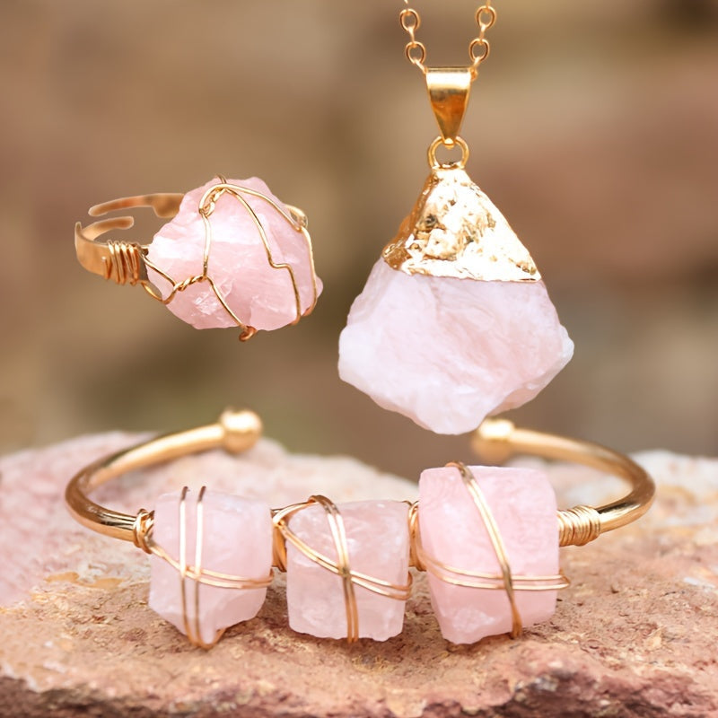 Vintage Bohemian Style Jewelry Set with Pink Crystal Necklace Cuff Bracelet and Open Ring