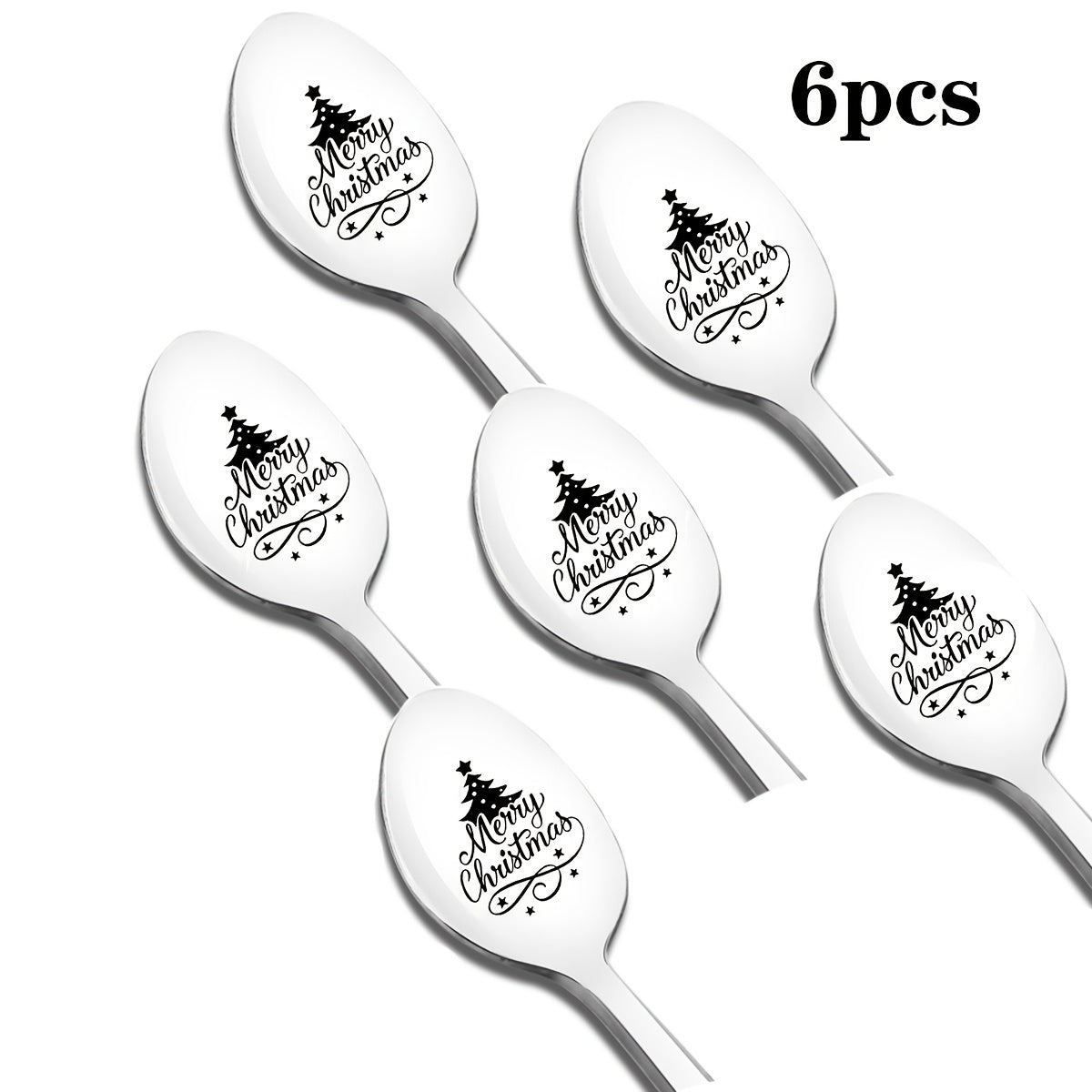 Stainless Steel Spoon Set with Laser-Carved Christmas Tree Designs for Gifting