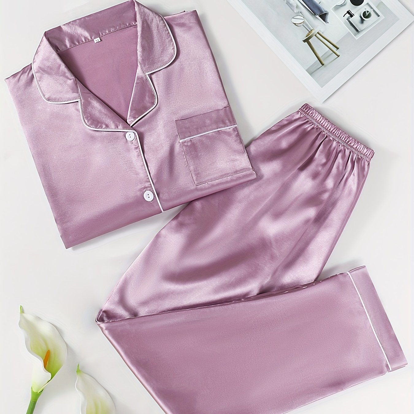 Women's Cotton Pajama Set with Lapel Collar and Solid Color Lounge Wear for Valentine's Day