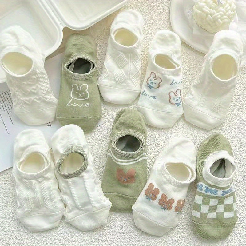 Women's Low-Cut Invisible Socks Set of 10 with Cartoon Designs Non-Slip Short Socks
