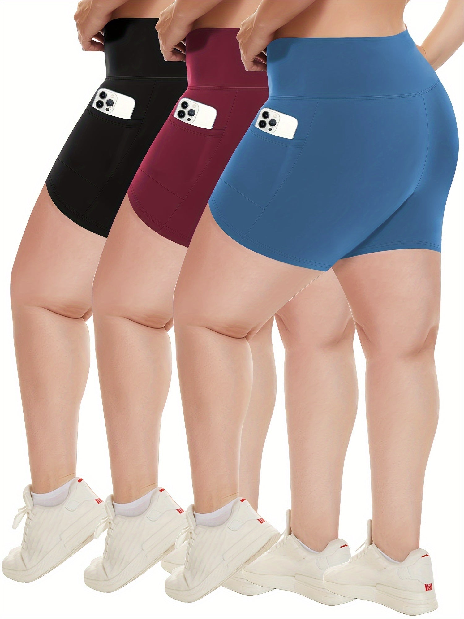 Pack de 3 pantalones cortos de gimnasio de cintura alta para mujer talla grande con bolsillos, ajuste suave