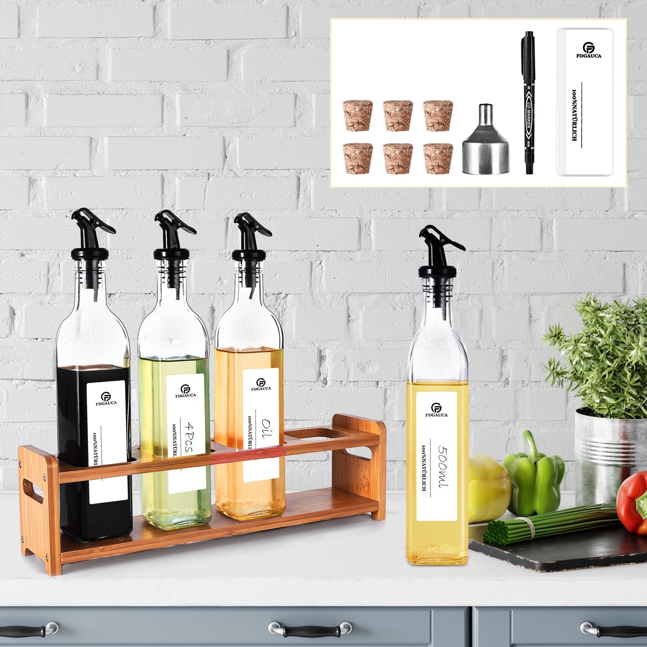 Set of 4 Oil and Vinegar Bottles with Bamboo Rack, 500ml Glass Canisters