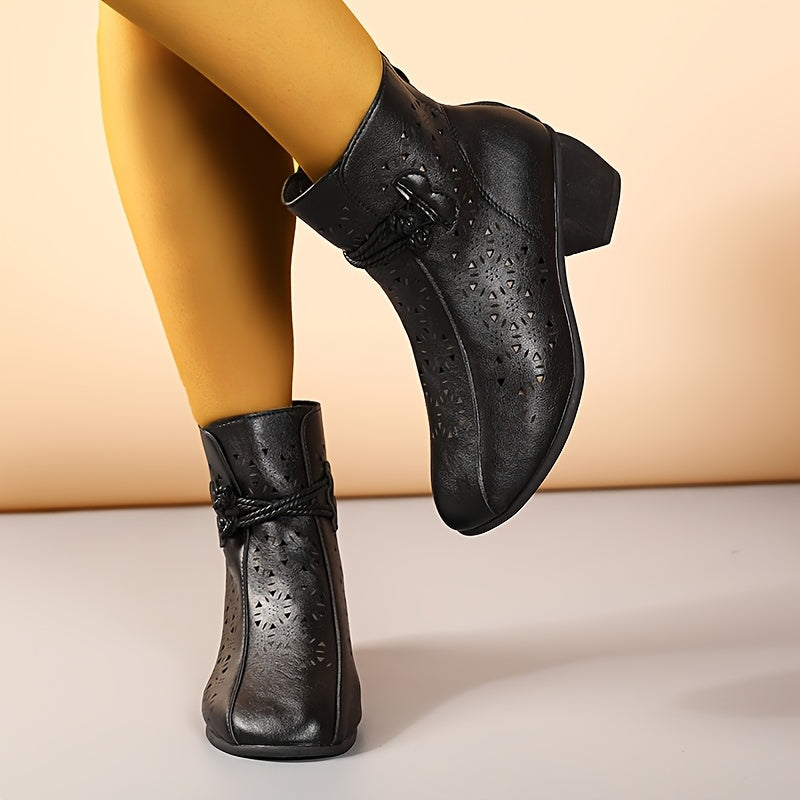 Women's Retro Round Toe Hollow Short Boots with Chunky Heel and Non-slip Sole