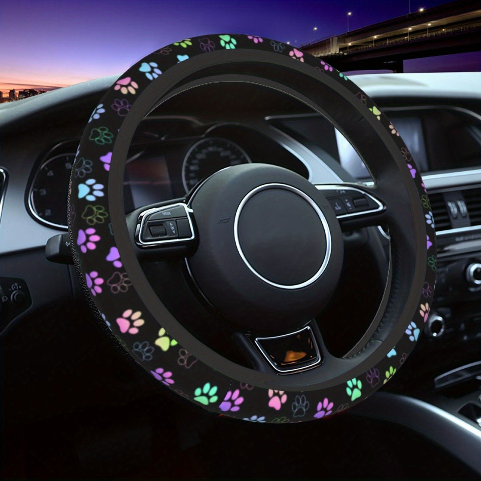 Women Soft Colorful Paw Print Steering Wheel Cover 38.1cm Anti Slip Durable