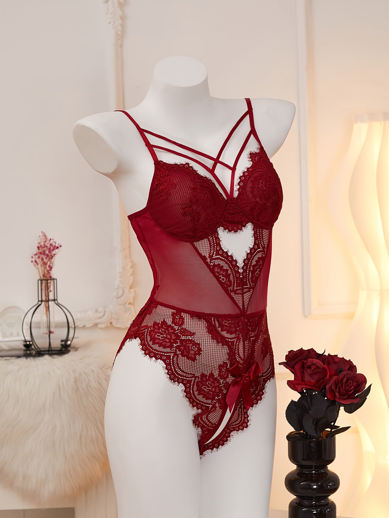 Women's Red Lace Velvet Teddy with Heart Cut-Out and Strappy Back