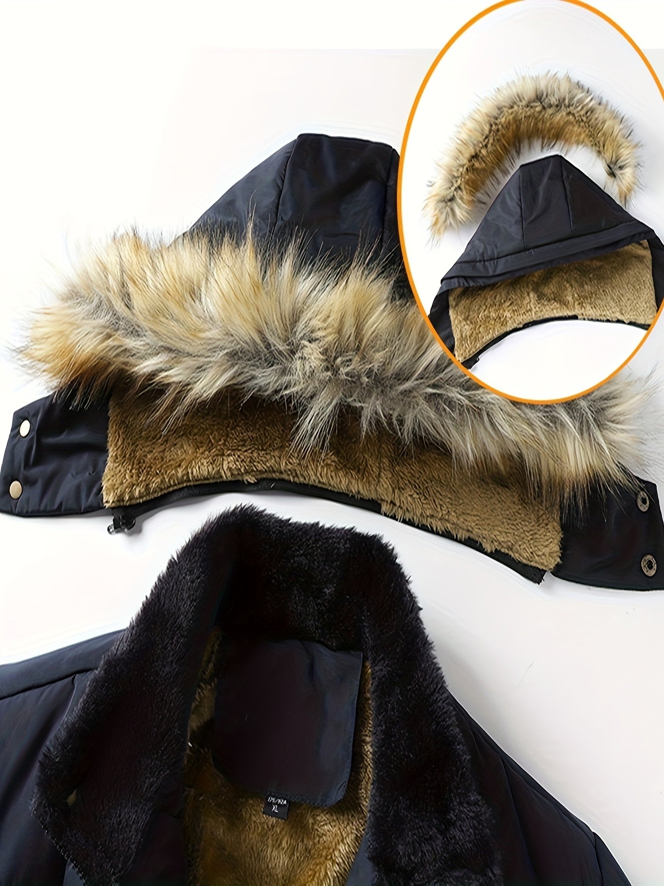 Erkaklar uchun qishki kurtka, ajratiladigan kapuchon, mo'ynali trim, fleece bilan qoplangan, to'ldirilgan, fermuarlı cho'ntaklar va sovuq ob-havodan himoya qilish uchun sozlanadigan tortish simlari.