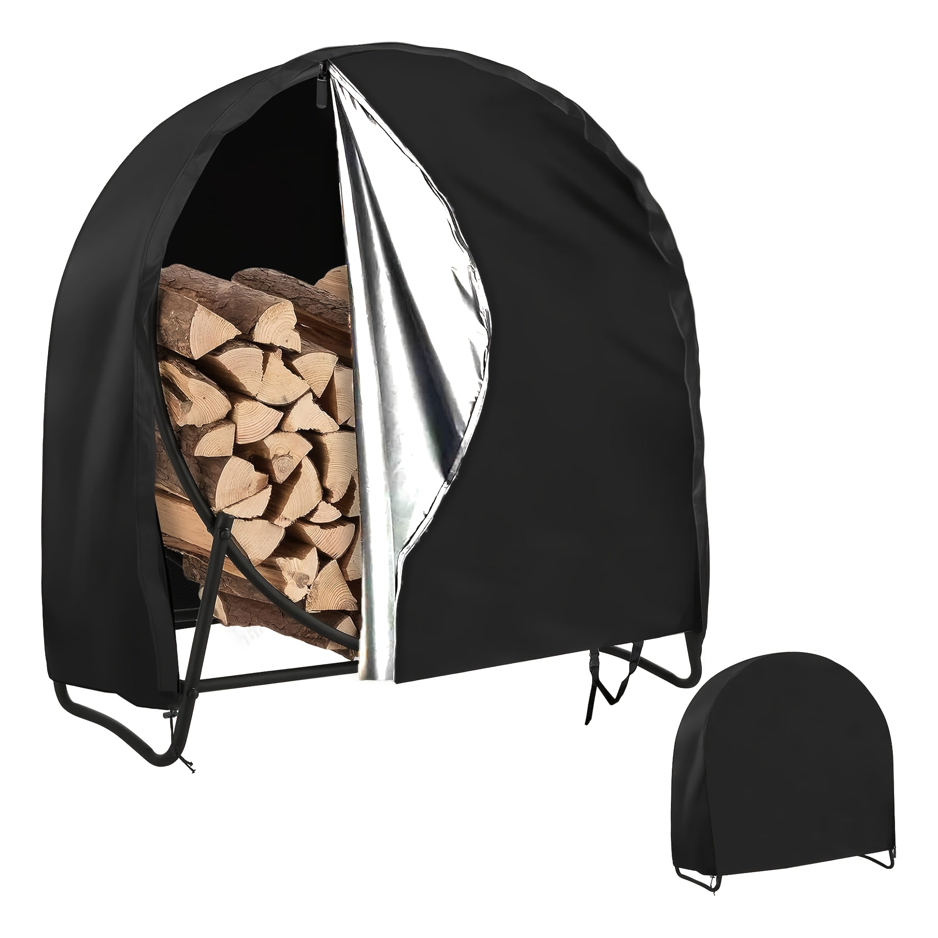 Waterproof Outdoor Log Rack Cover with Zipper and Wind Buckle for Firewood Storage