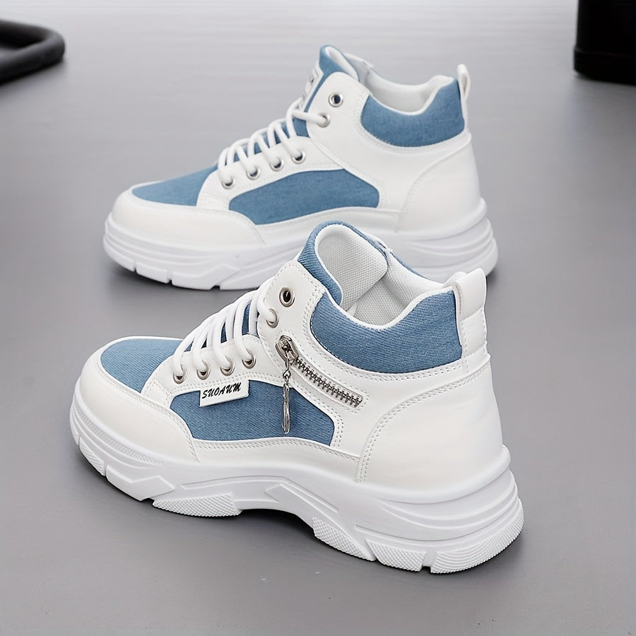 Women’s Leopard Blue White High-Top Sneakers with Thick Sole