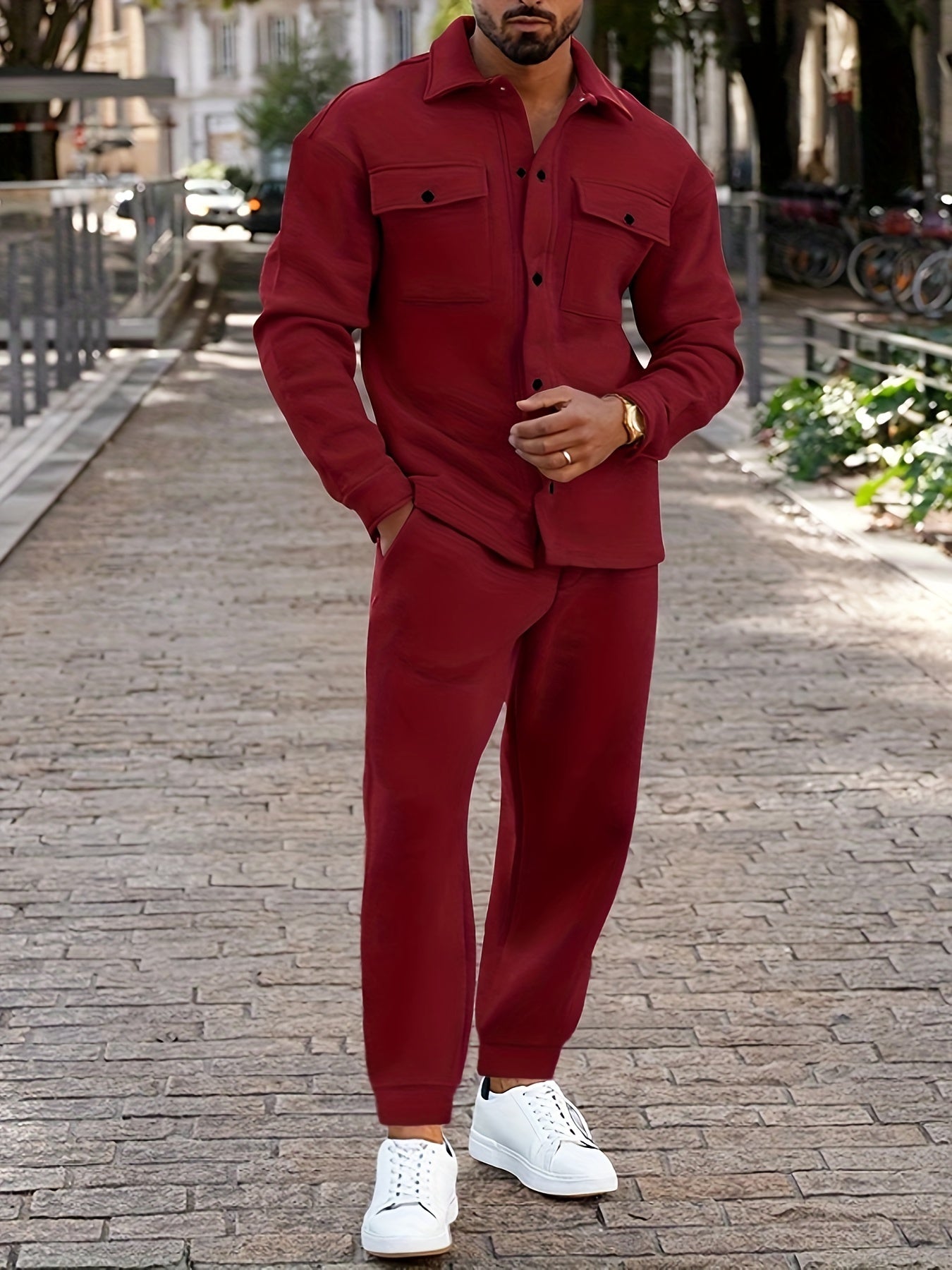 Fleece Hoodie and Pants Set for Men Casual Fall Winter Polyester Solid