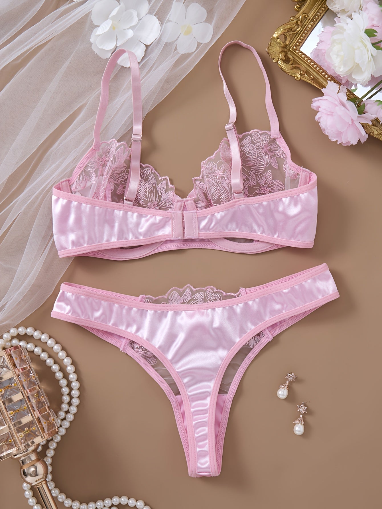 Pink Flower Embroidery Lingerie Set for Women Valentine's Day Gift
