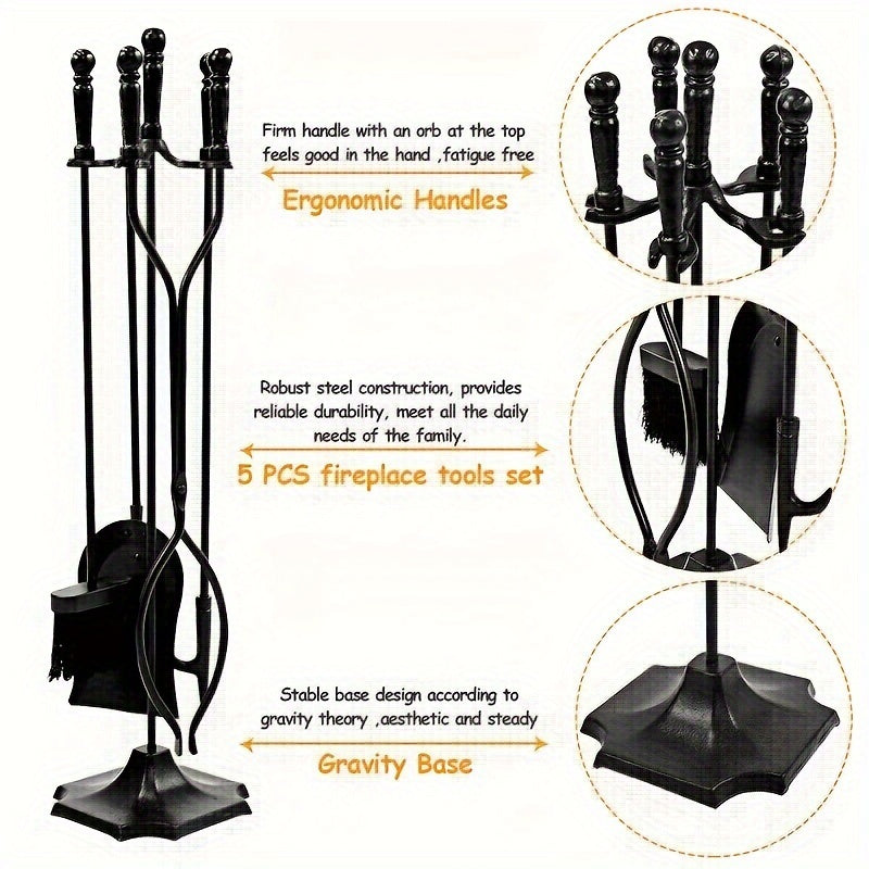 Black Metal Fireplace Tool Set with Stand, 5-Piece Wrought Iron Fire Pit Tongs