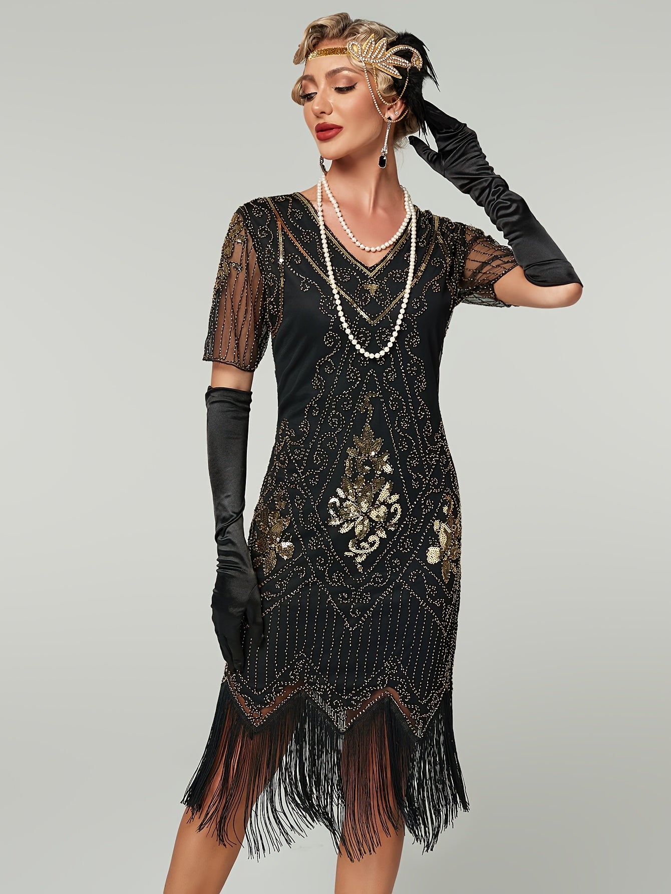 Women's Sequin Flapper Dress Gatsby Style Short Sleeve Party Gown