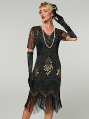 Women's Sequin Flapper Dress Gatsby Style Short Sleeve Party Gown