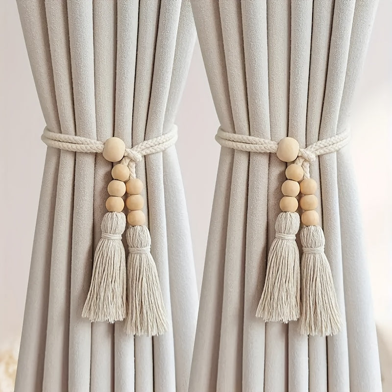 Set of 2 Bohemian Wooden Bead Curtain Tiebacks with Tassels for Living Room and Bedroom