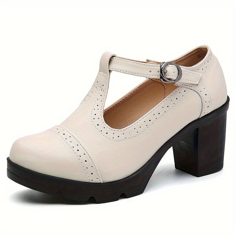 Women's T-Strap Chunky Heels Retro Buckle Oxford Pumps for Office