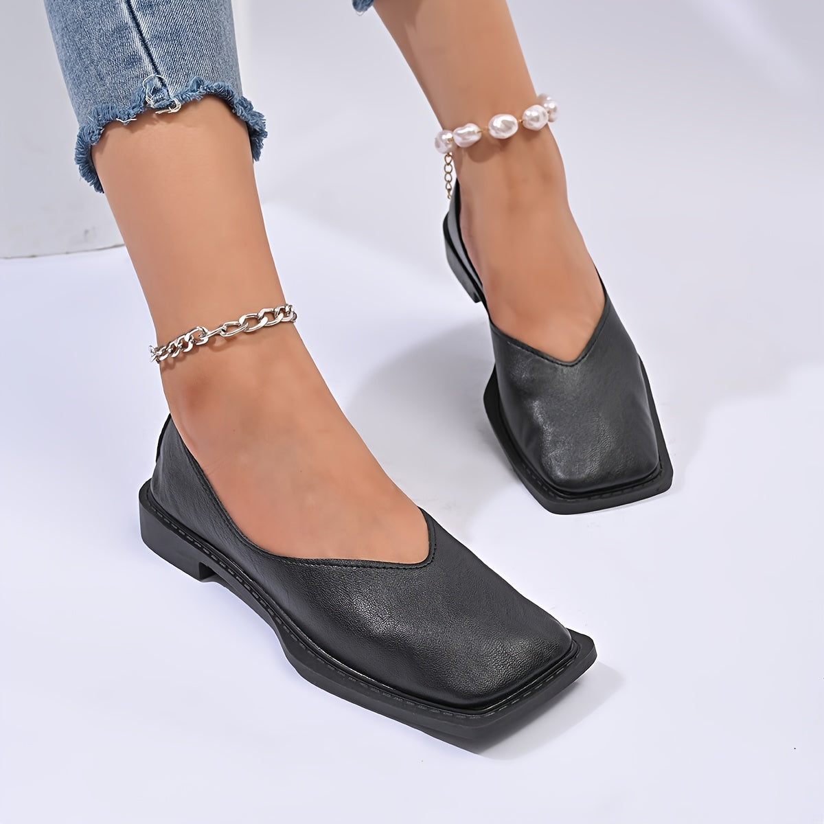 Женские туфли-лодочки на плоской подошве с квадратным носком из синтетики, повседневные обувь на низком блок-каблуке