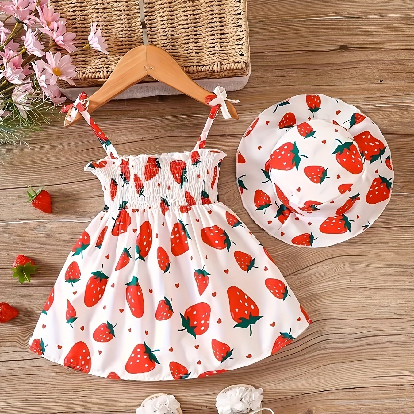 Baby Girl Dress Set with Fruit Cartoon Print Summer Casual Midi Dress and Hat