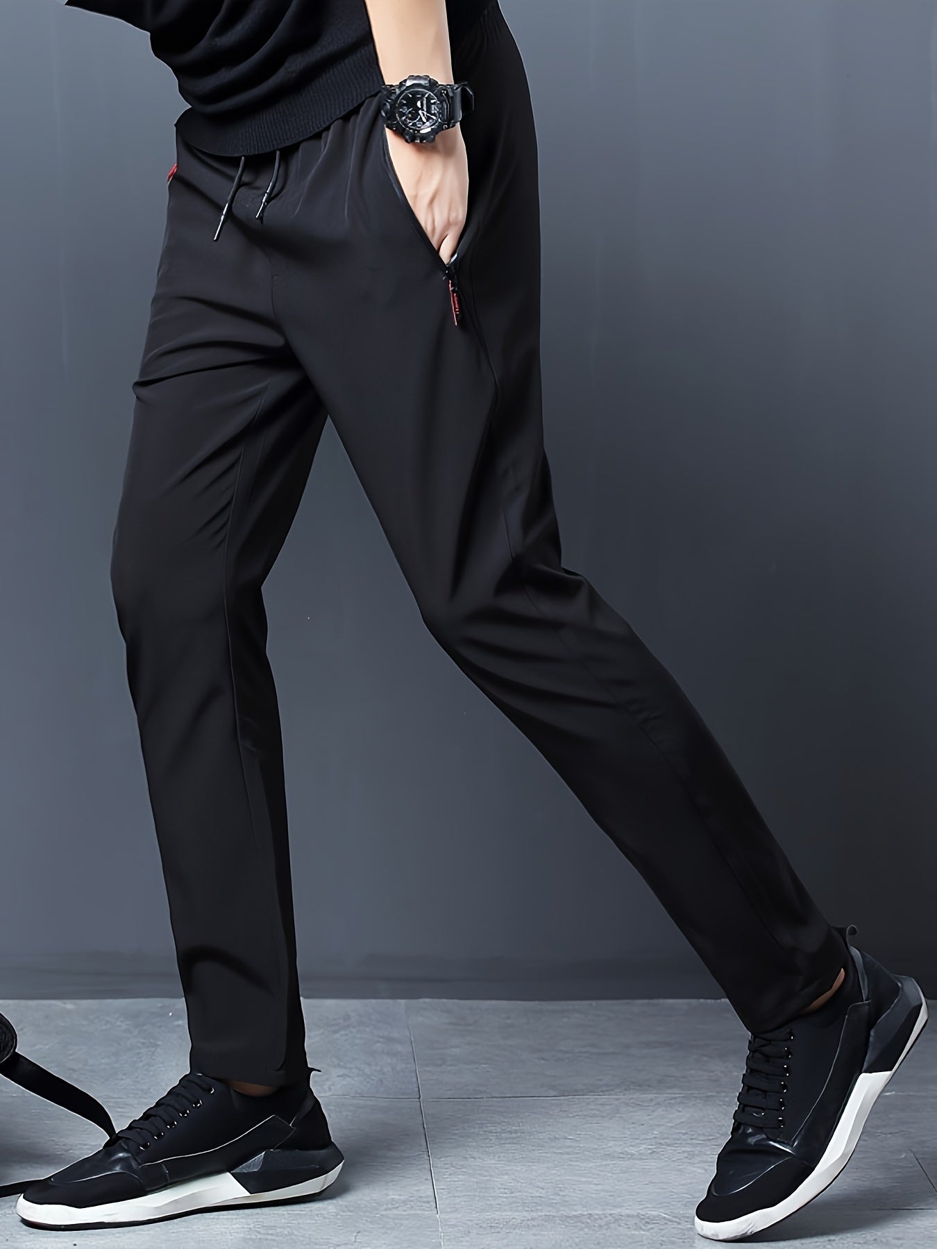 Men's Casual Solid Polyester Pants with Zipper Pockets Drawstring Barrel Trousers for Outdoor Activities