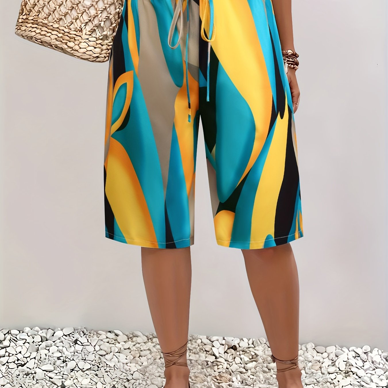 Plus Size Women’s Casual Printed Mid-Length Pants Elastic Waist