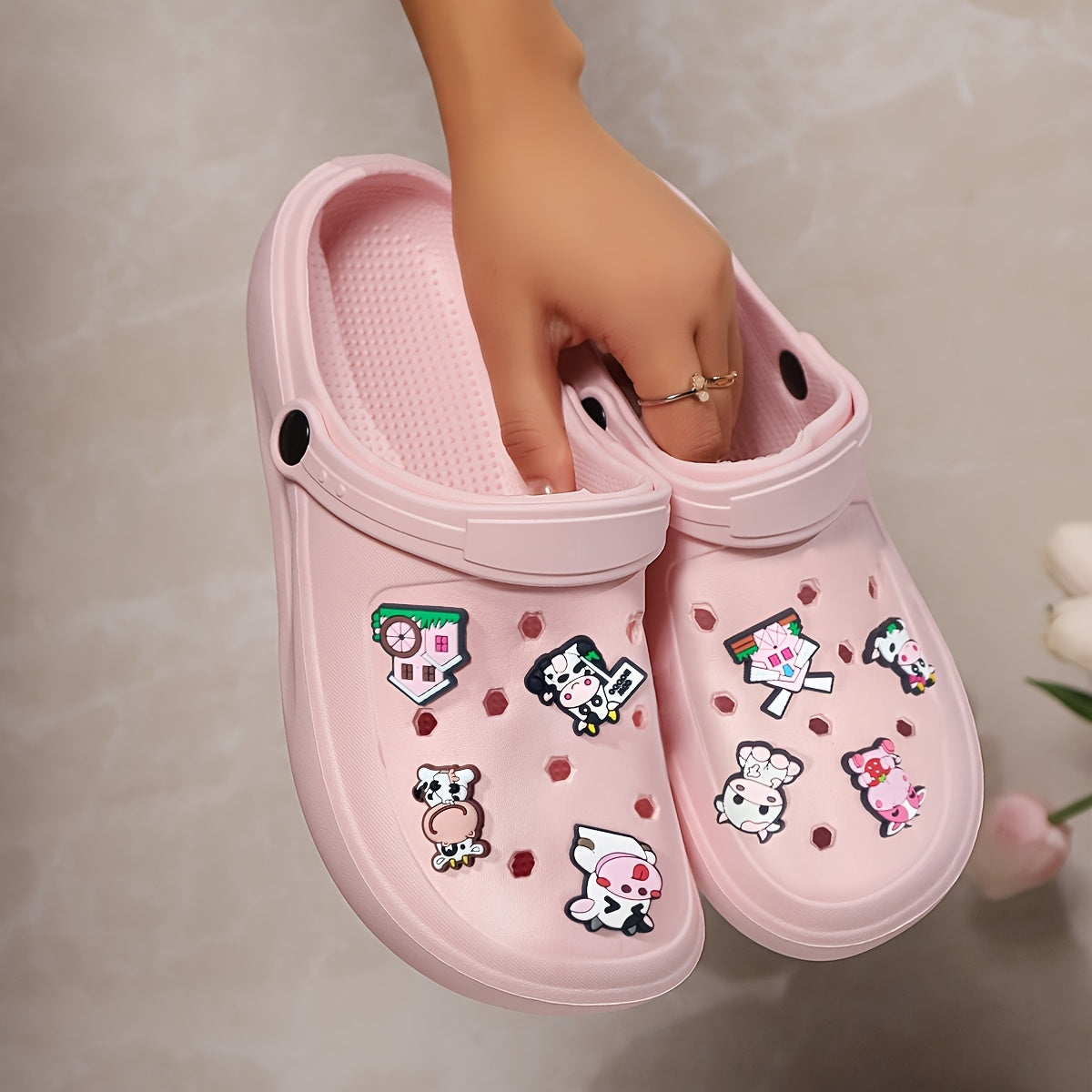 Women's Summer EVA Clogs with Cartoon Cow and Windmill Charms Sandals