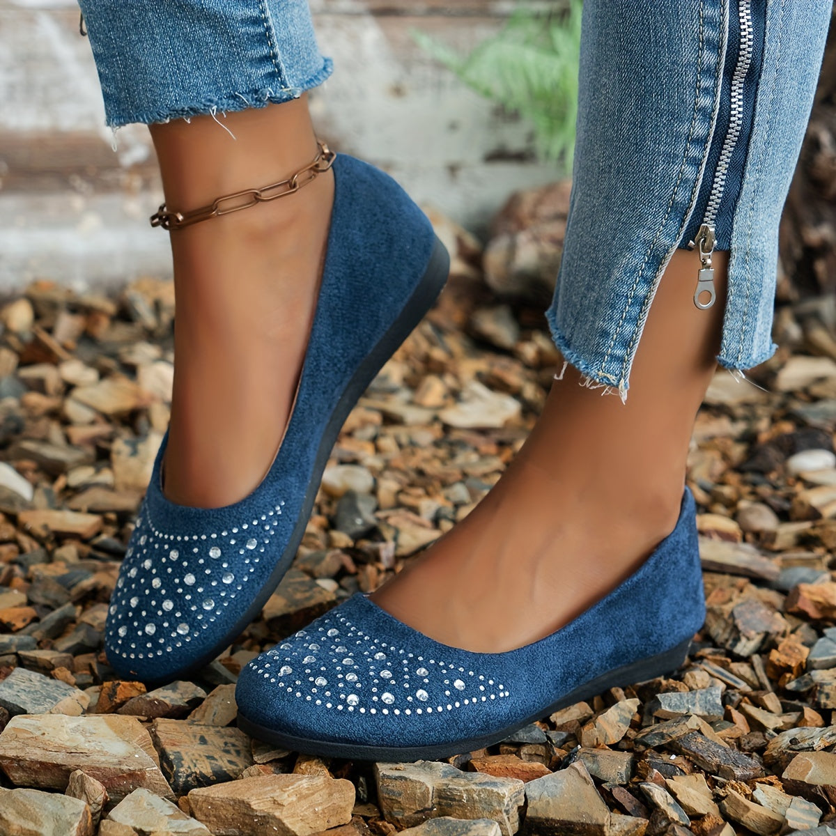 Women's Navy Blue Velvet Flats with Rhinestones for Casual Walking