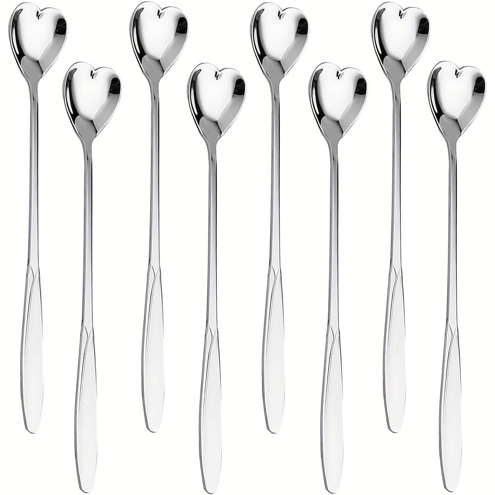 Set of 8 Heart-Shaped Stainless Steel Coffee Spoons with Mirror Finish for Tea and Cocktails