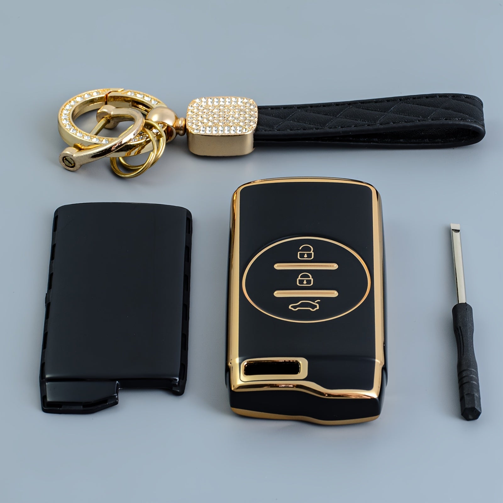 Elegant TPU Key Fob Cover with Keychain Black and Gold for SUVs