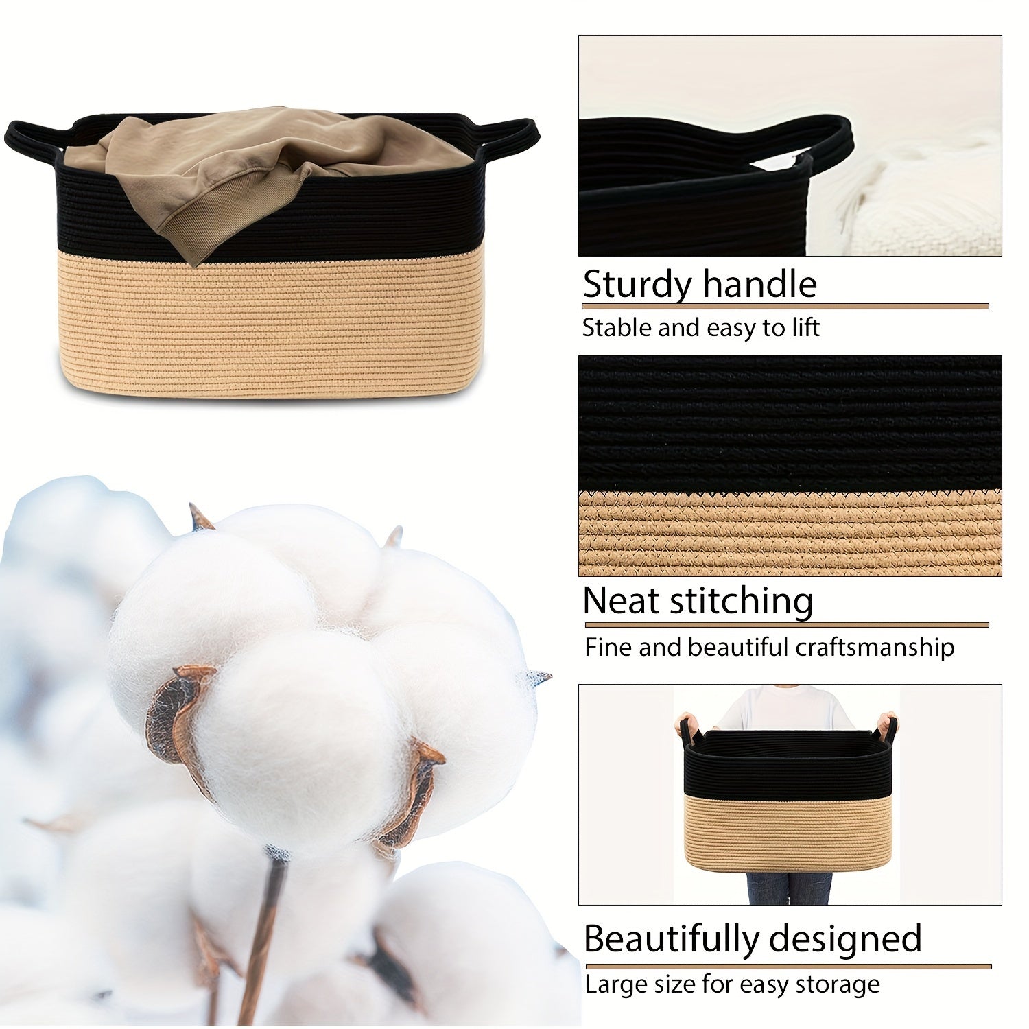 55L Kulrang Arqon To'qilgan Saqlash Savati Qo'llari Bilan - Bolalar uchun ko'p maqsadli o'yinchoq tashkilotchisi, kir, yashash xonasi, bolalar xonasi va yotoqxona - Mustahkam linen aralashmasi, 48.01 sm x 34.04 sm x 11, to'shakka joylashadigan saqlash.