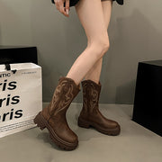 Women's Brown Western Boots | Chunky Mid-Heel, Non-Slip Sole, Round Toe