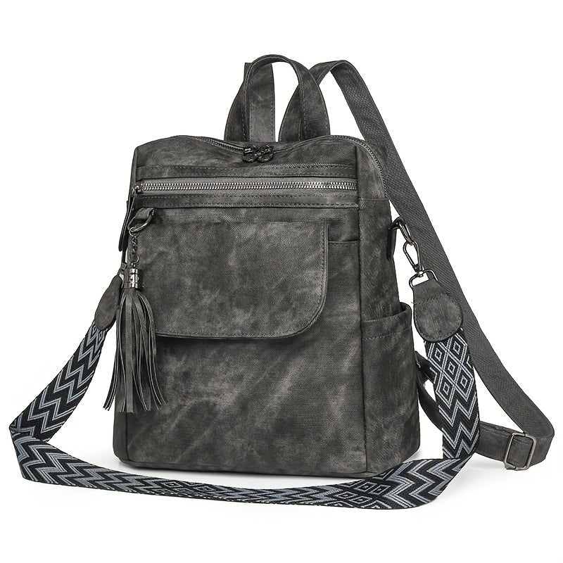 Women's PU Double Shoulder Bag for Autumn Winter Casual Crossbody Backpack with Tassels