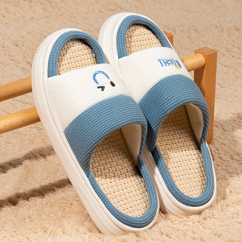 Women Linen Slippers Soft Non-Slip Indoor Shoes Light Blue White Love