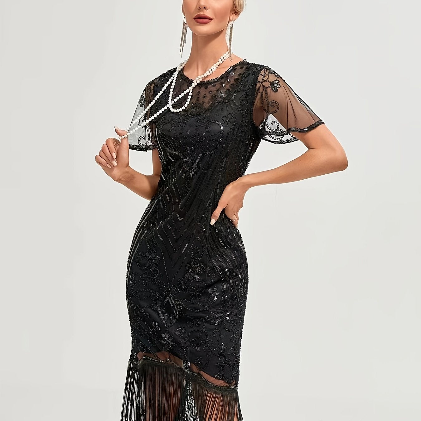 Women's 1920s Sequin Flapper Dress Beaded Embroidery Fringe Party Gown