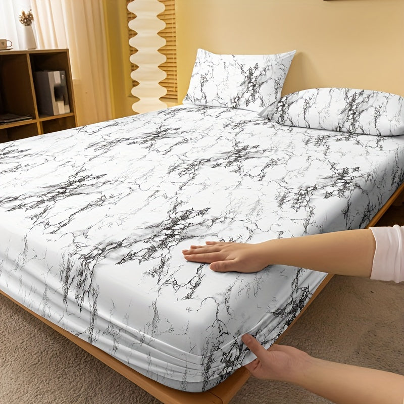 Brushed Fitted Sheet Marble Print Deep Pocket Bed Sheet for Bedroom