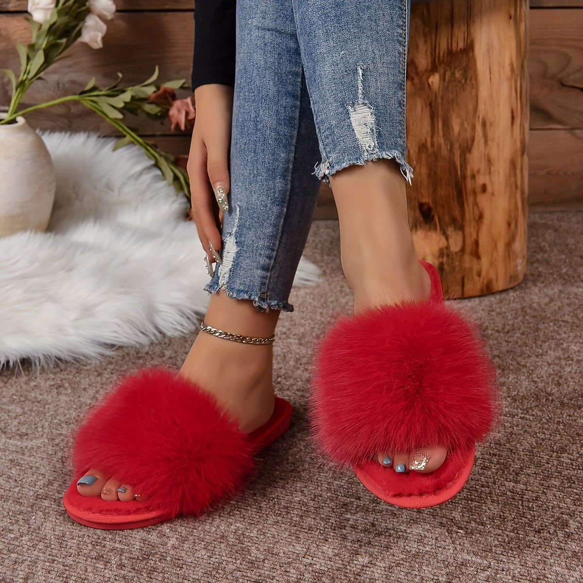 Women's Fluffy Plush Open Toe House Slippers Cozy Warm Solid Color