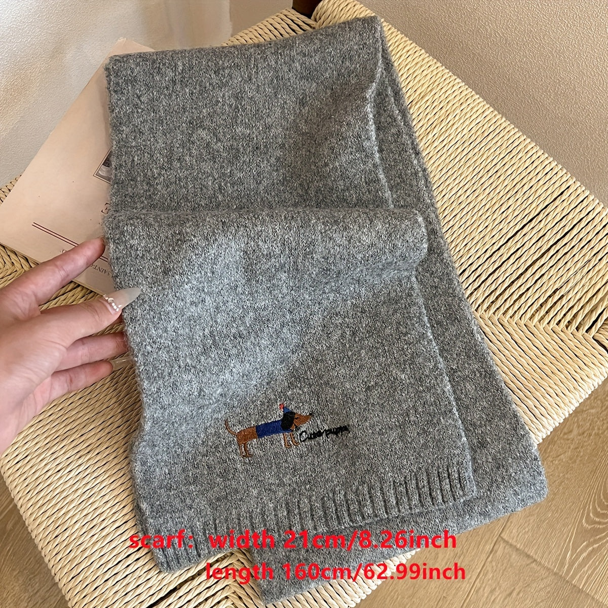 Women's Gray Wool Blend Knit Puppy Scarf Embroidered Neck Warmer Winter Windproof