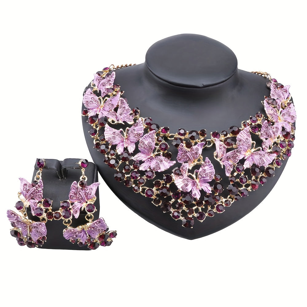 Vintage Butterfly Jewelry Set Sun'iy Rhinestone taqinchoq va sirg'alar to'ylar va partiyalar uchun