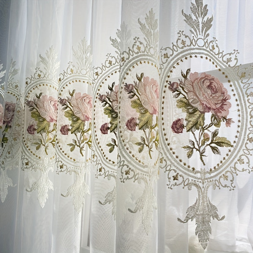 White Sheer Voile Curtain Drapes with Peony Embroidery for Living Room or Bedroom