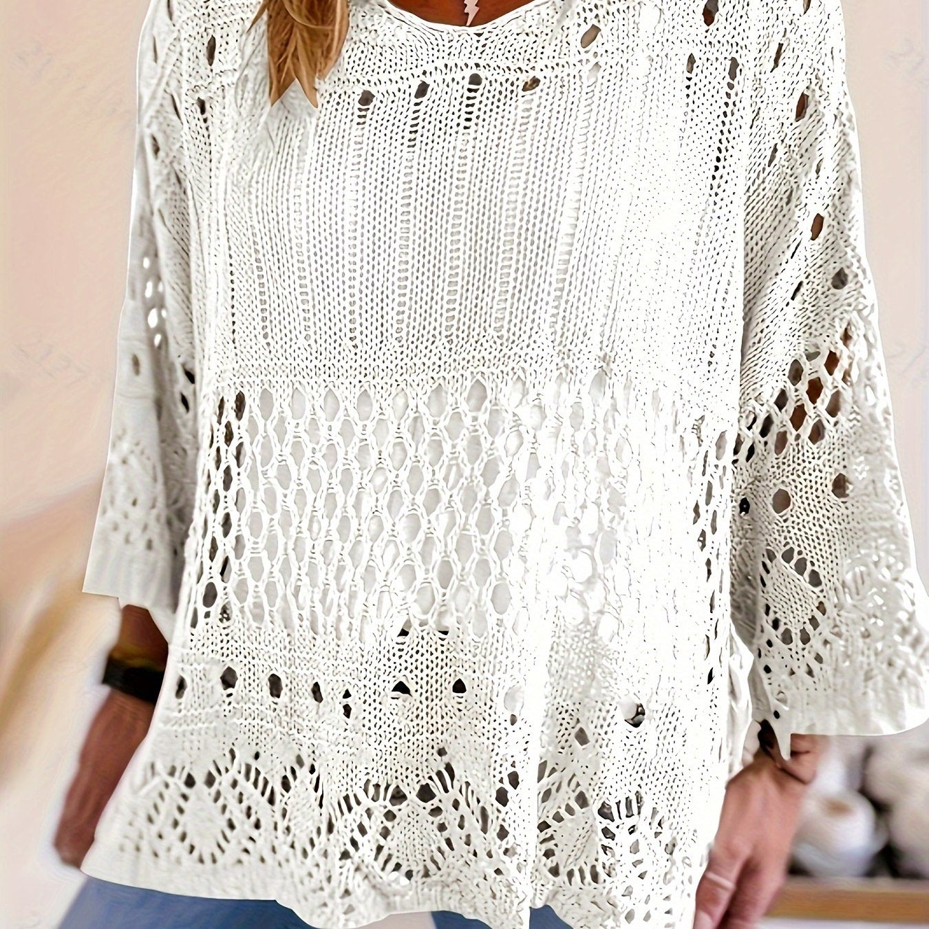 Plus Size Oversized Knitwear Layered Top with Sun Protection and Cut-Out Design